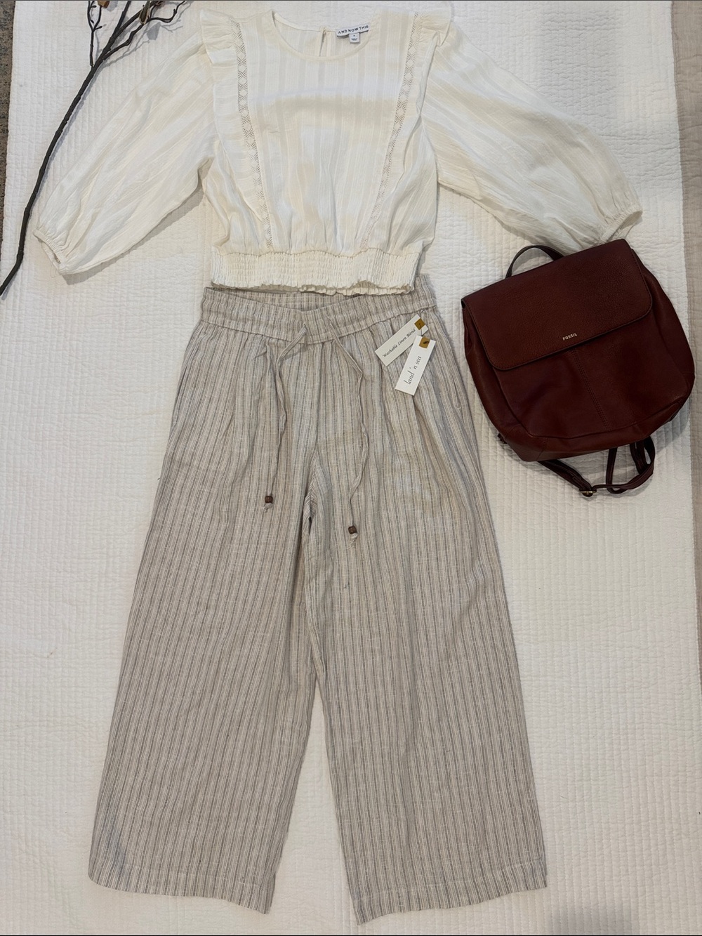 NWT Linen-Blend Wide Leg Stripe Pants in Beige and Cream Size Small - Picture 4 of 10